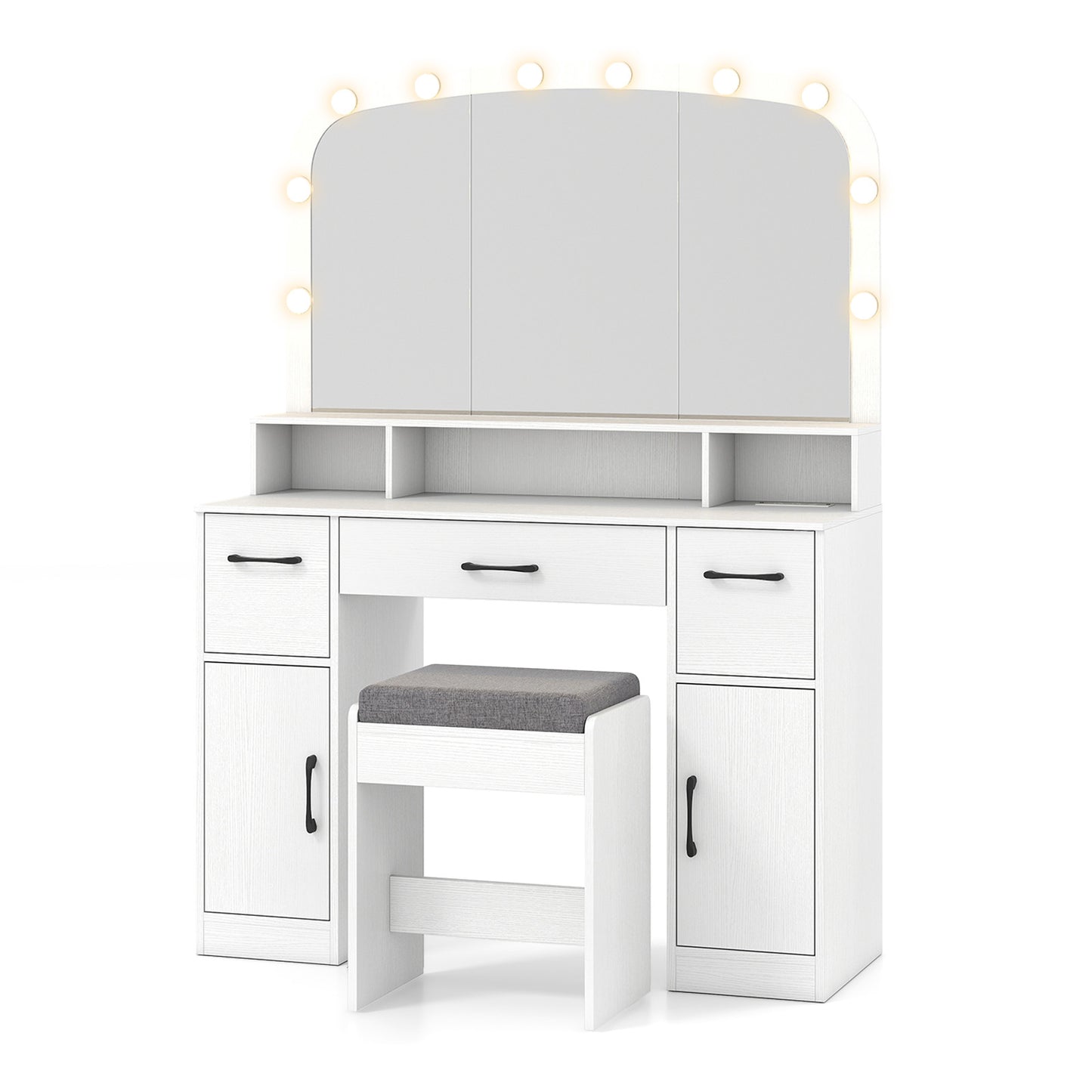 Makeup Vanity Desk with Lighted Mirror, Stool & Charging Station