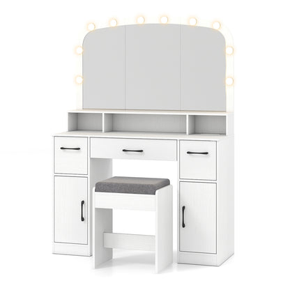 Makeup Vanity Desk with Lighted Mirror, Stool & Charging Station