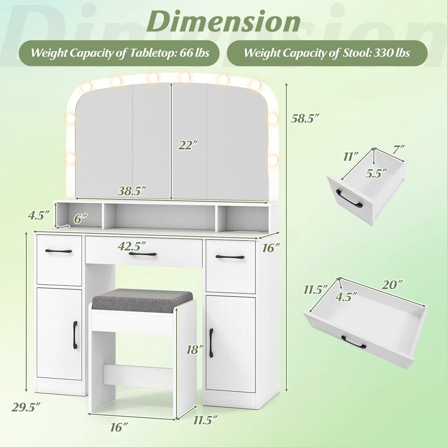 Makeup Vanity Desk with Lighted Mirror, Stool & Charging Station