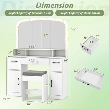 Makeup Vanity Desk with Lighted Mirror, Stool & Charging Station