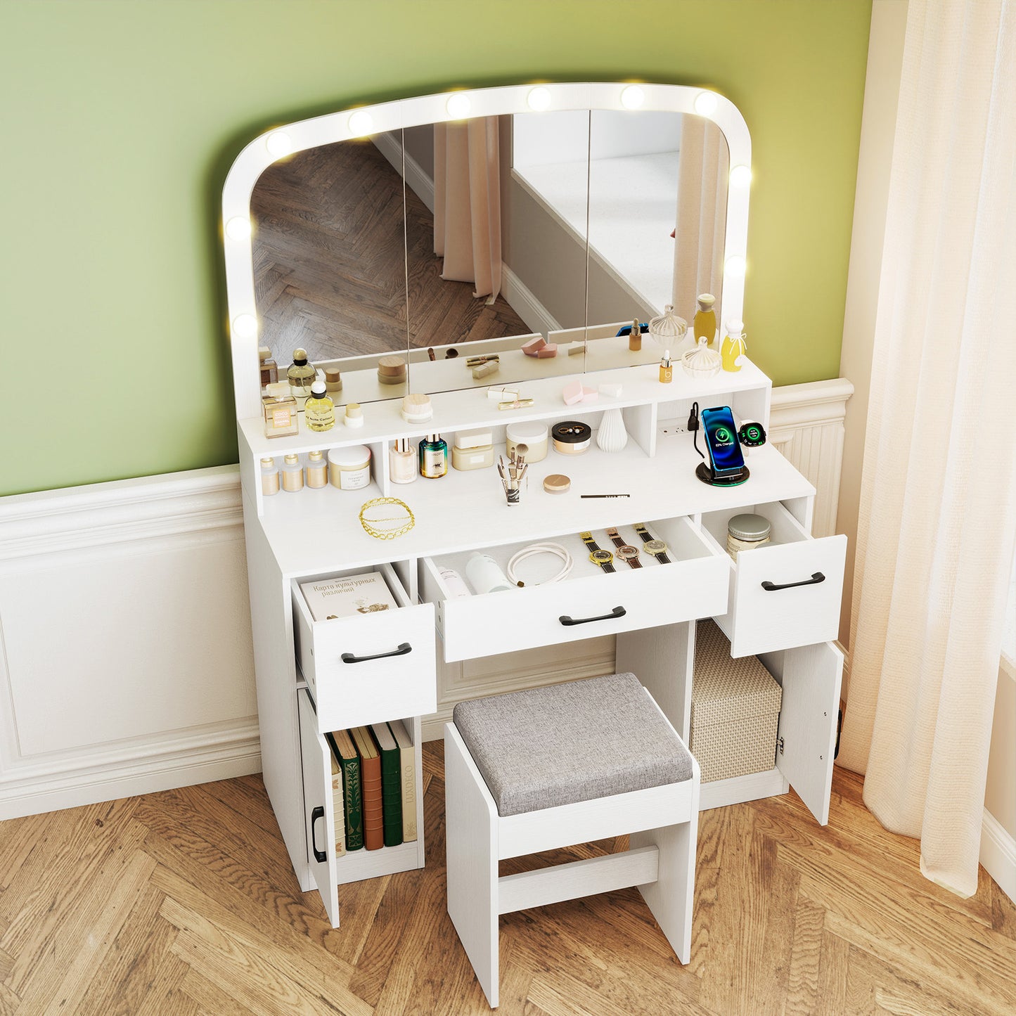 Makeup Vanity Desk with Lighted Mirror, Stool & Charging Station
