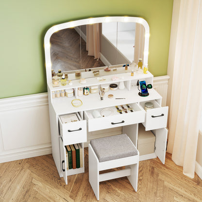 Makeup Vanity Desk with Lighted Mirror, Stool & Charging Station