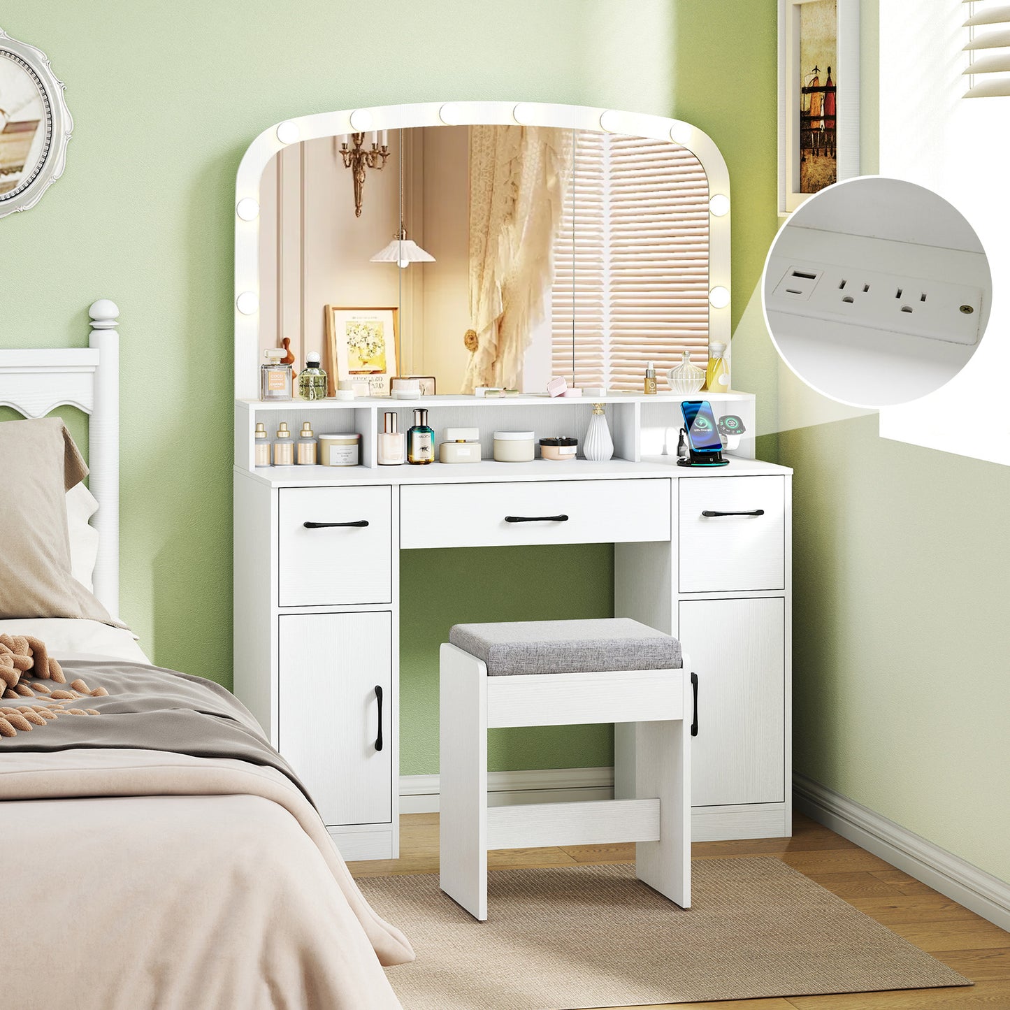 Makeup Vanity Desk with Lighted Mirror, Stool & Charging Station