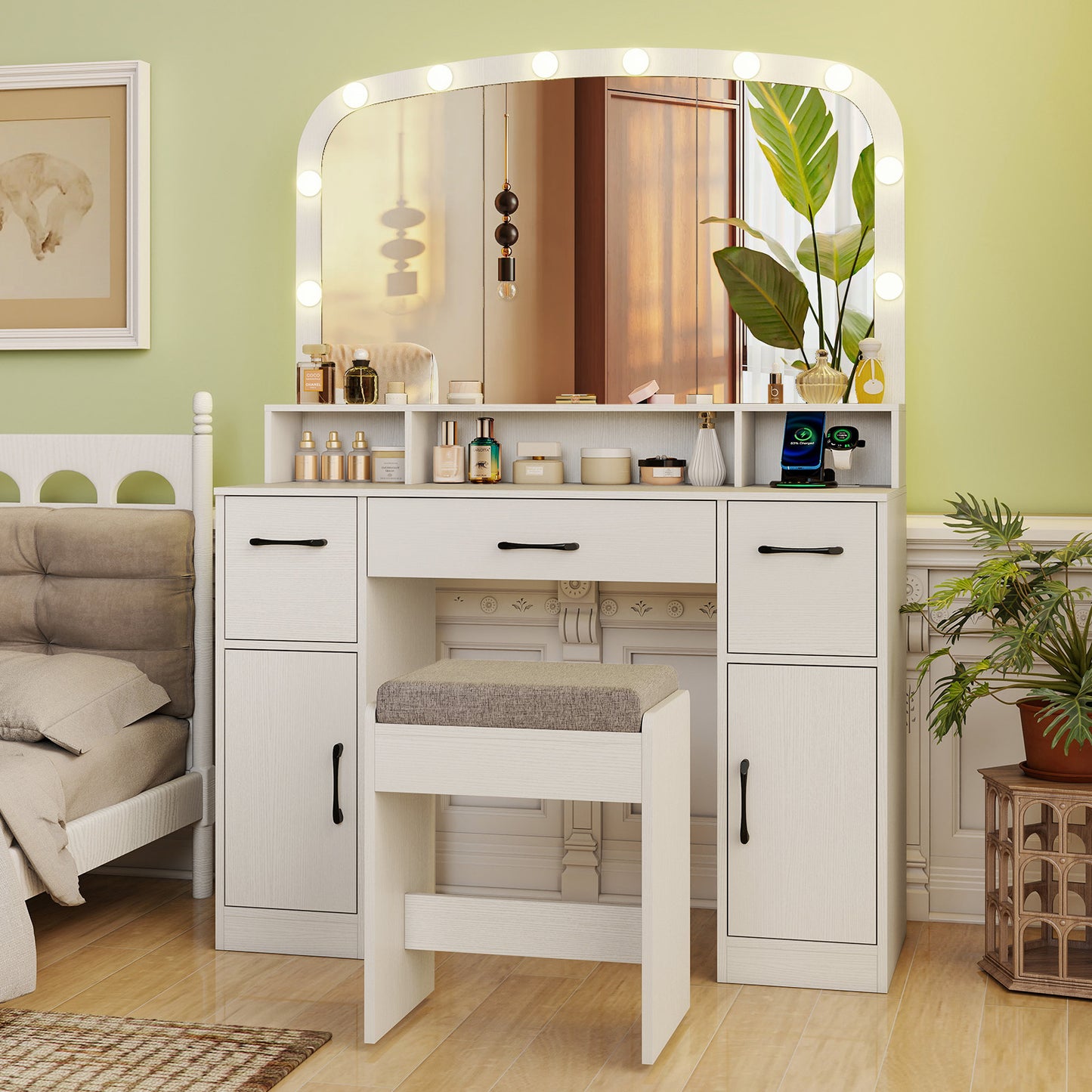 Makeup Vanity Desk with Lighted Mirror, Stool & Charging Station