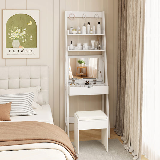 Vanity Desk Set with Flip Top Mirror and Cushioned Stool