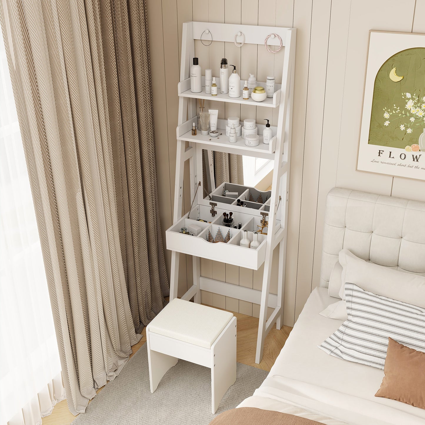 Vanity Desk Set with Flip Top Mirror and Cushioned Stool