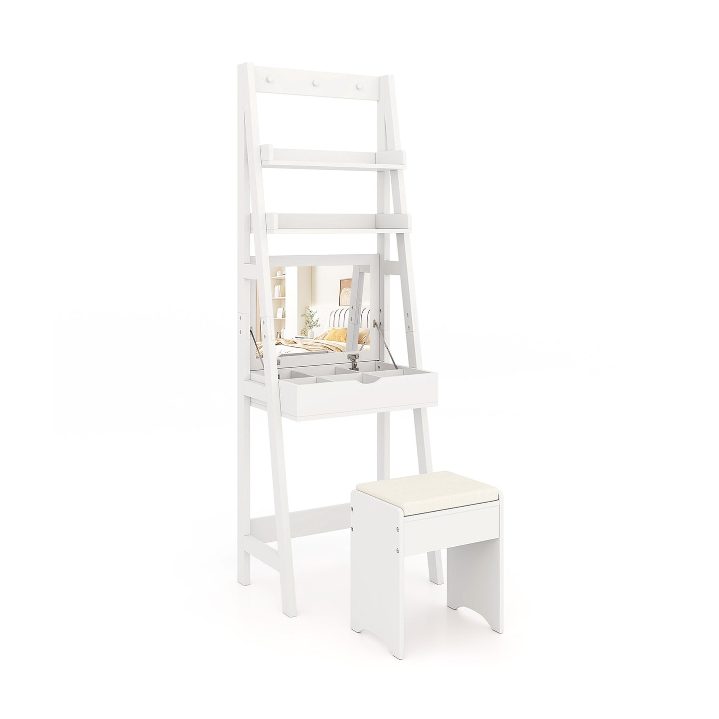 Vanity Desk Set with Flip Top Mirror and Cushioned Stool