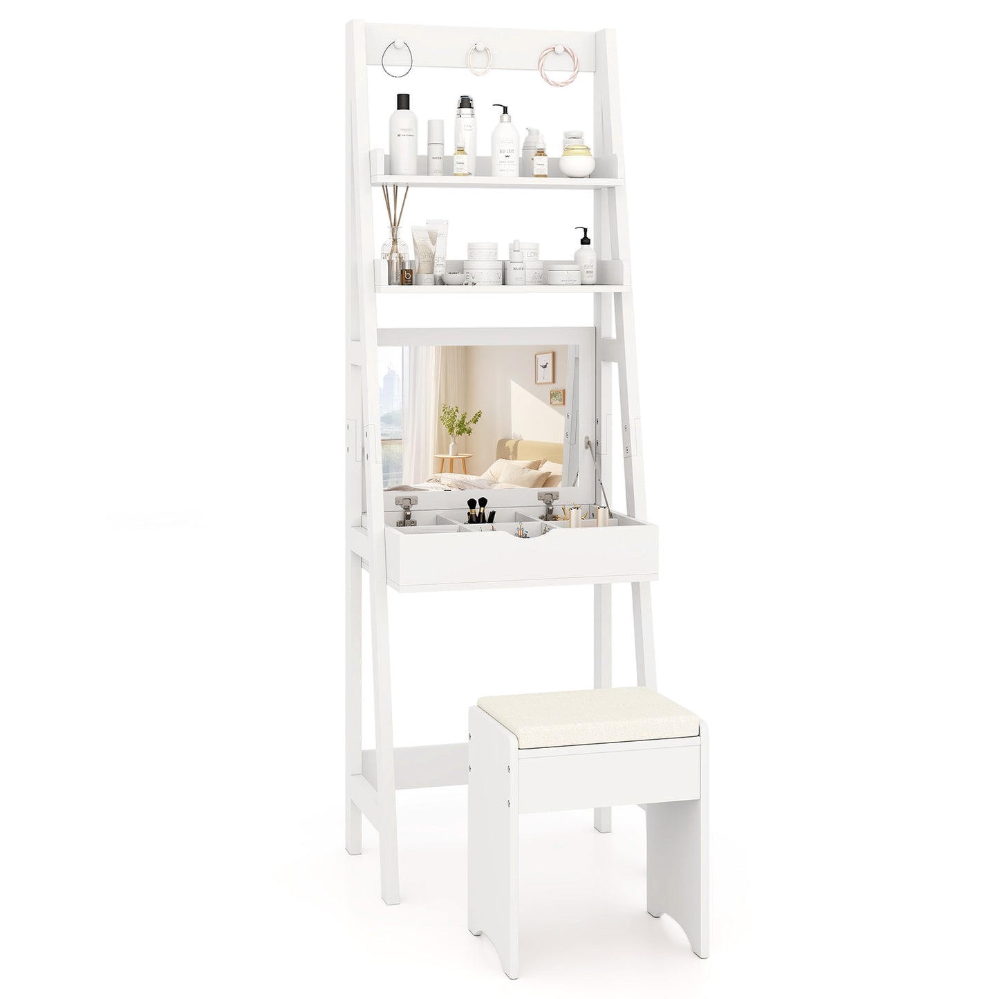 Vanity Desk Set with Flip Top Mirror and Cushioned Stool