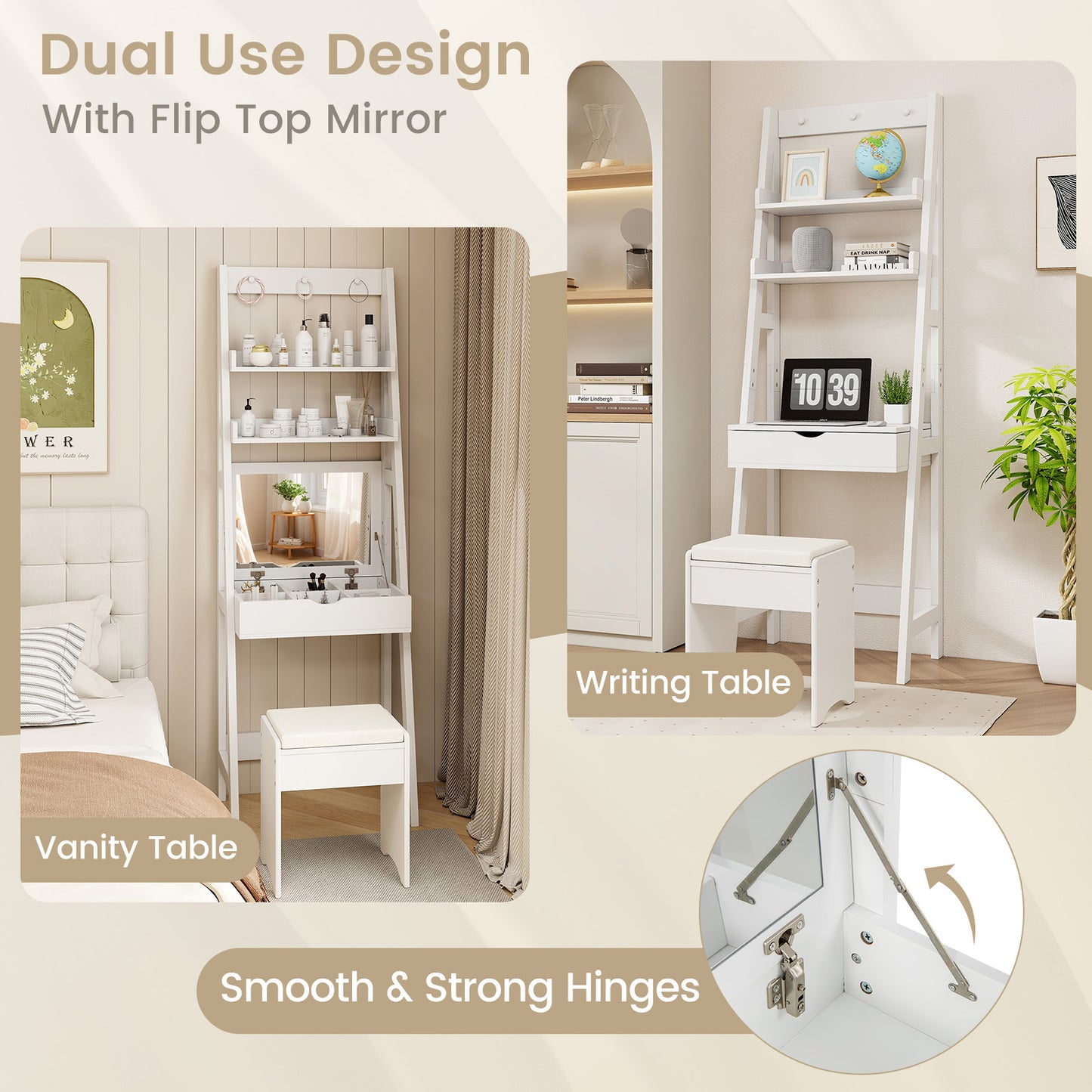 Vanity Desk Set with Flip Top Mirror and Cushioned Stool