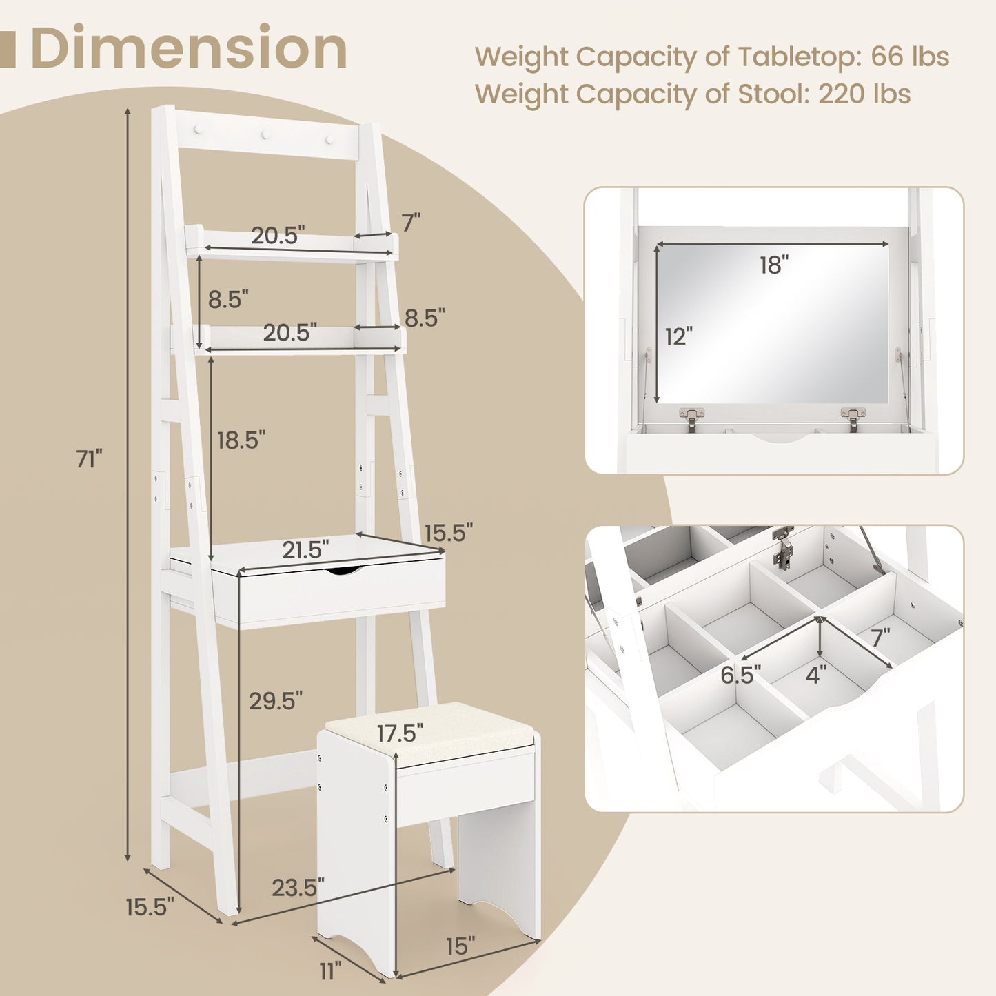 Vanity Desk Set with Flip Top Mirror and Cushioned Stool