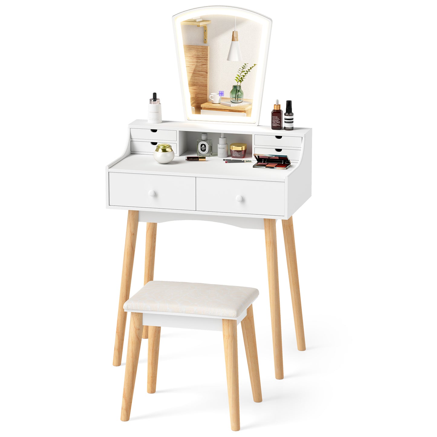 Vanity Desk Set with LED Lighted Mirror and 6 Drawers