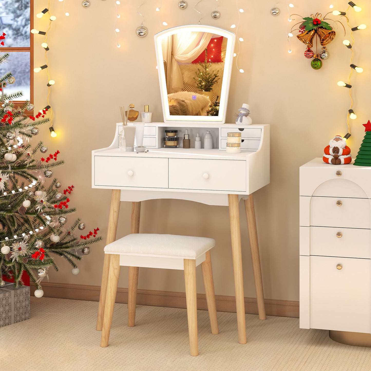 Vanity Desk Set with LED Lighted Mirror and 6 Drawers
