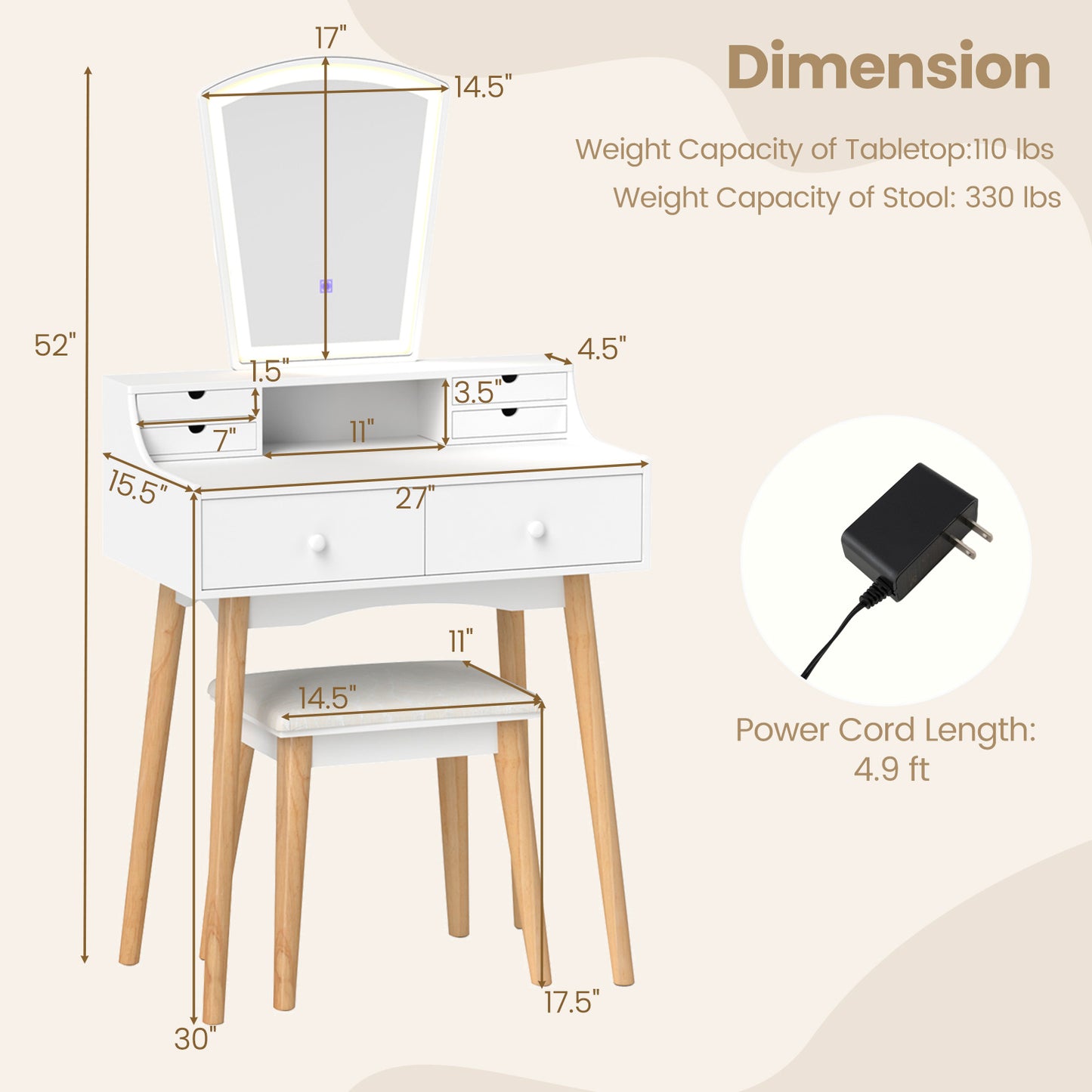 Vanity Desk Set with LED Lighted Mirror and 6 Drawers