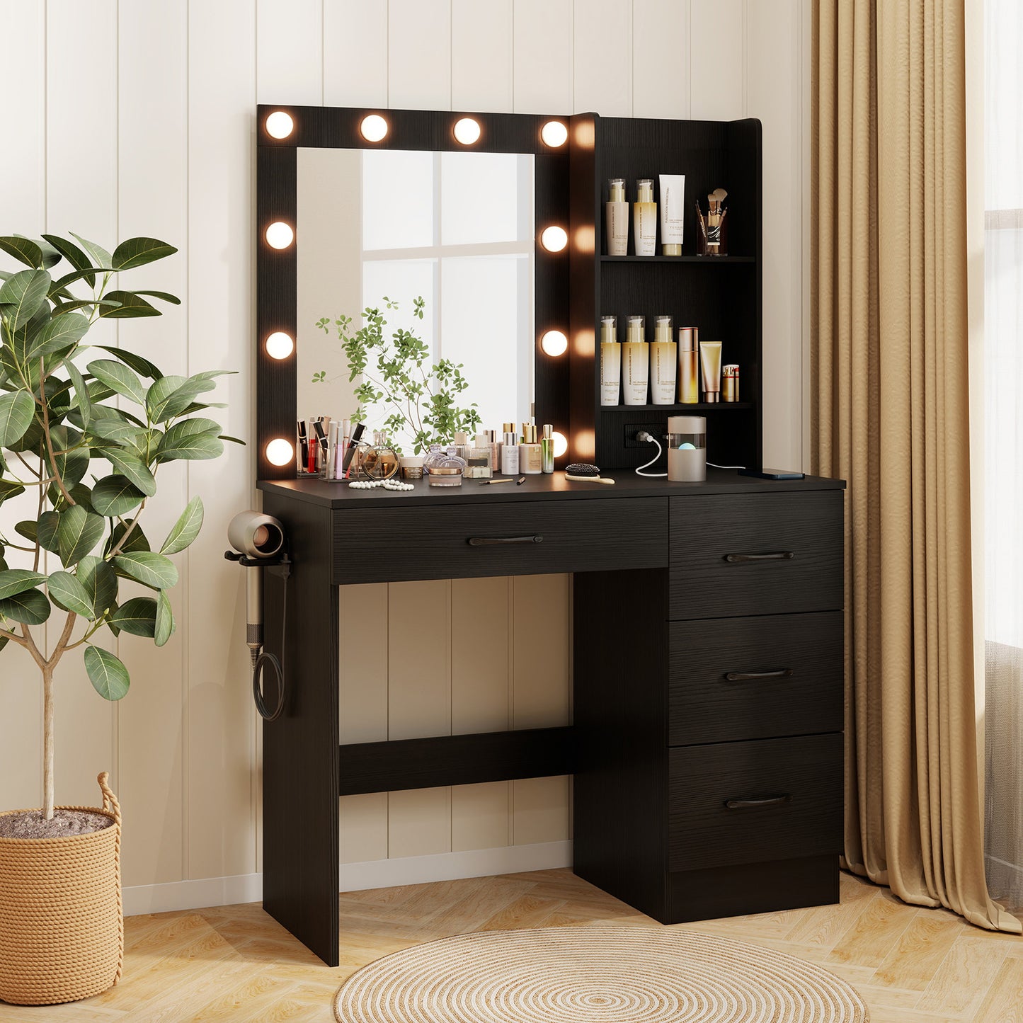 Vanity Desk with Lighted Mirror and Power Outlets