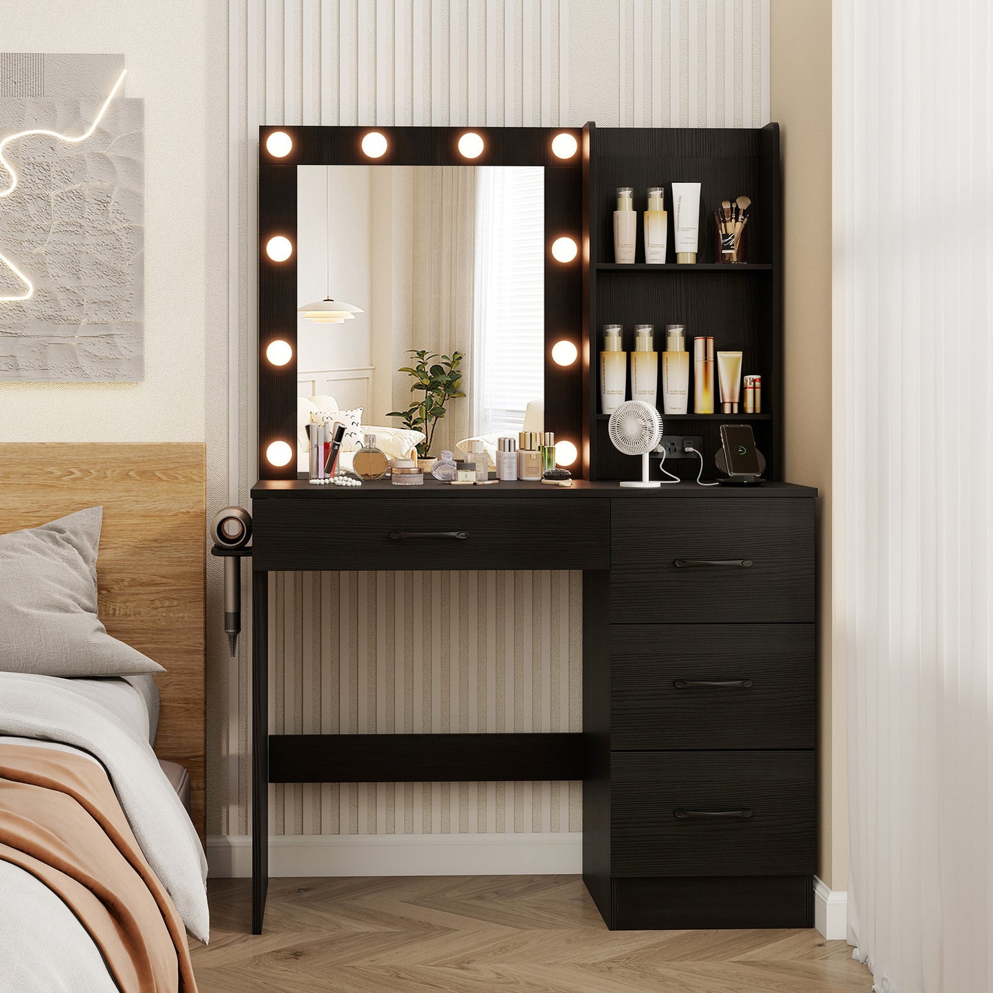 Vanity Desk with Lighted Mirror and Power Outlets