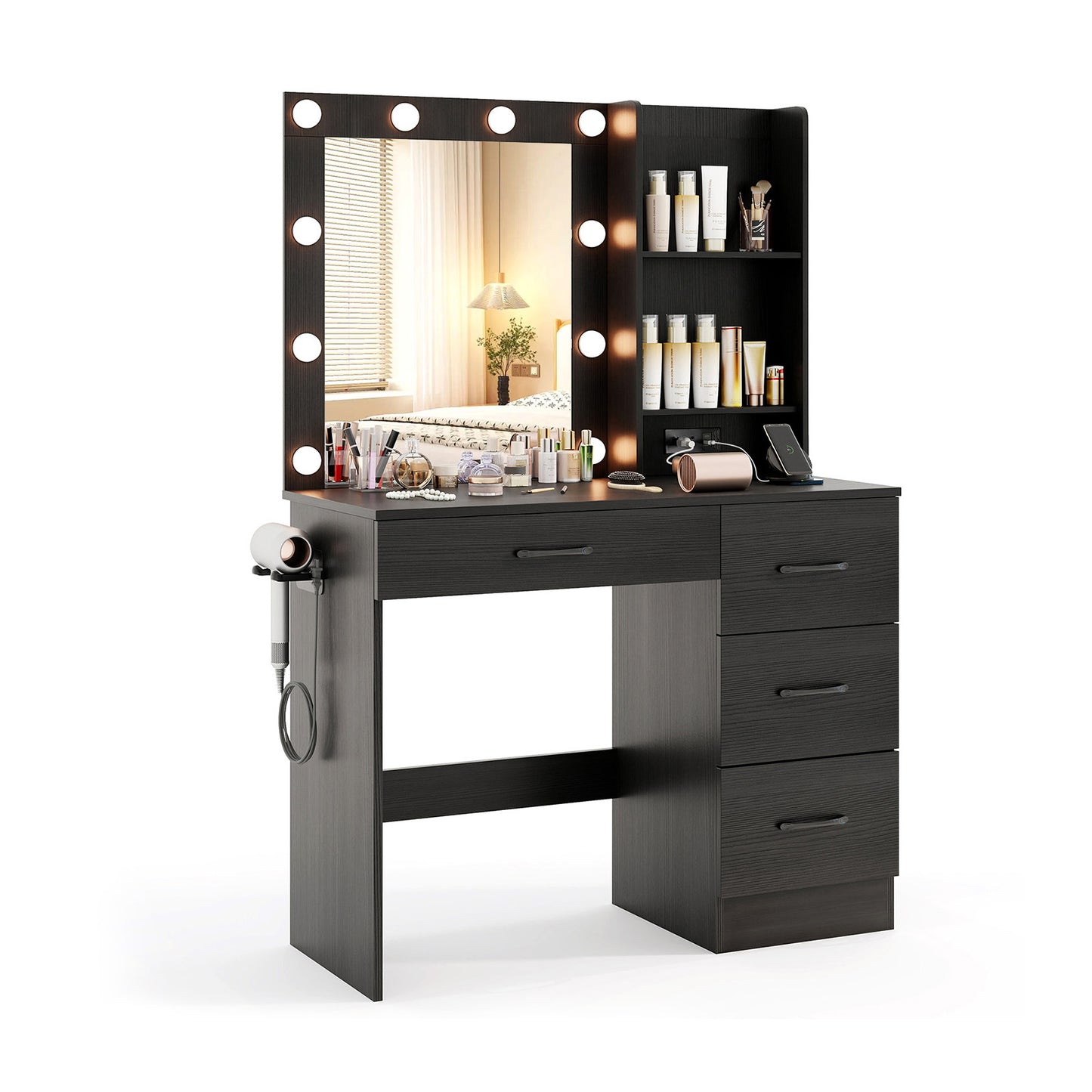 Vanity Desk with Lighted Mirror and Power Outlets