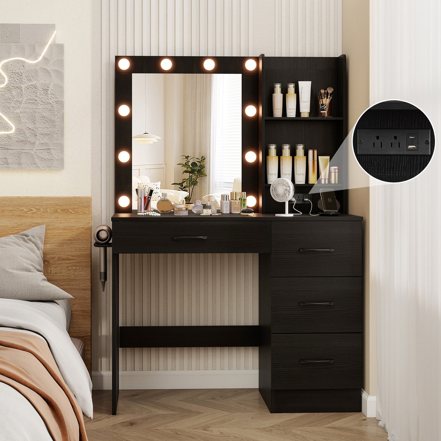 Vanity Desk with Lighted Mirror and Power Outlets