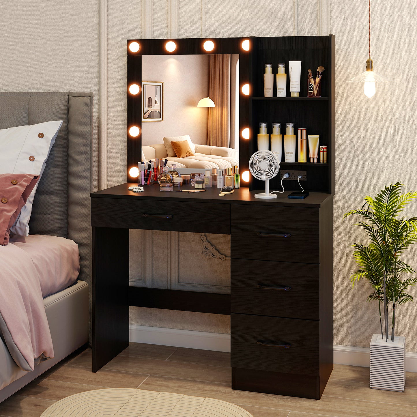 Vanity Desk with Lighted Mirror and Power Outlets