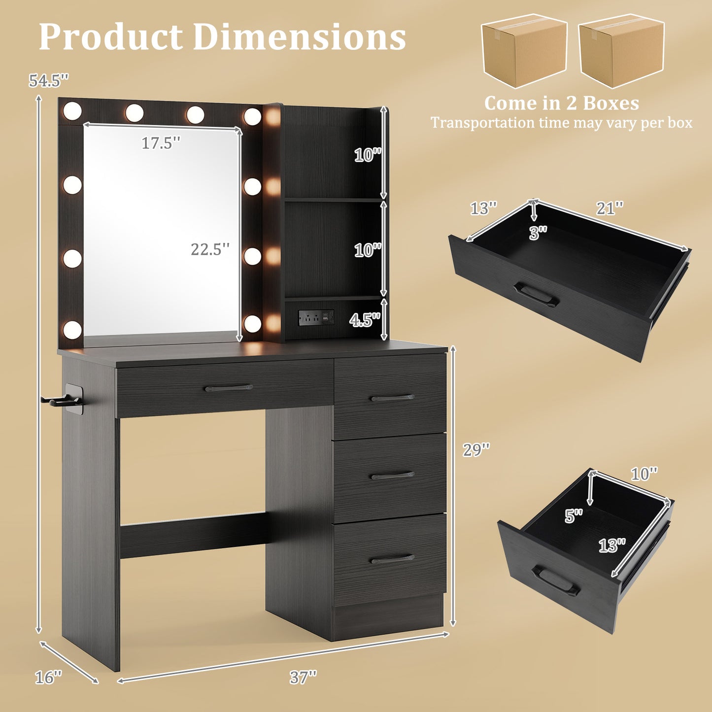 Vanity Desk with Lighted Mirror and Power Outlets