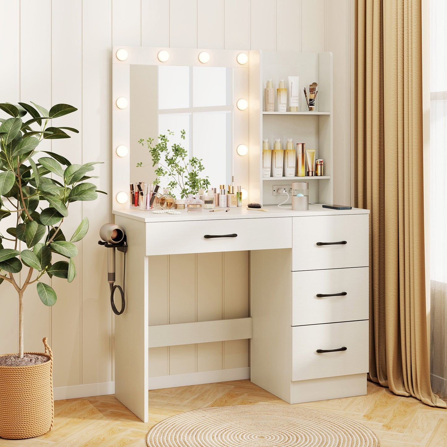 Vanity Desk with Lighted Mirror and Power Outlets