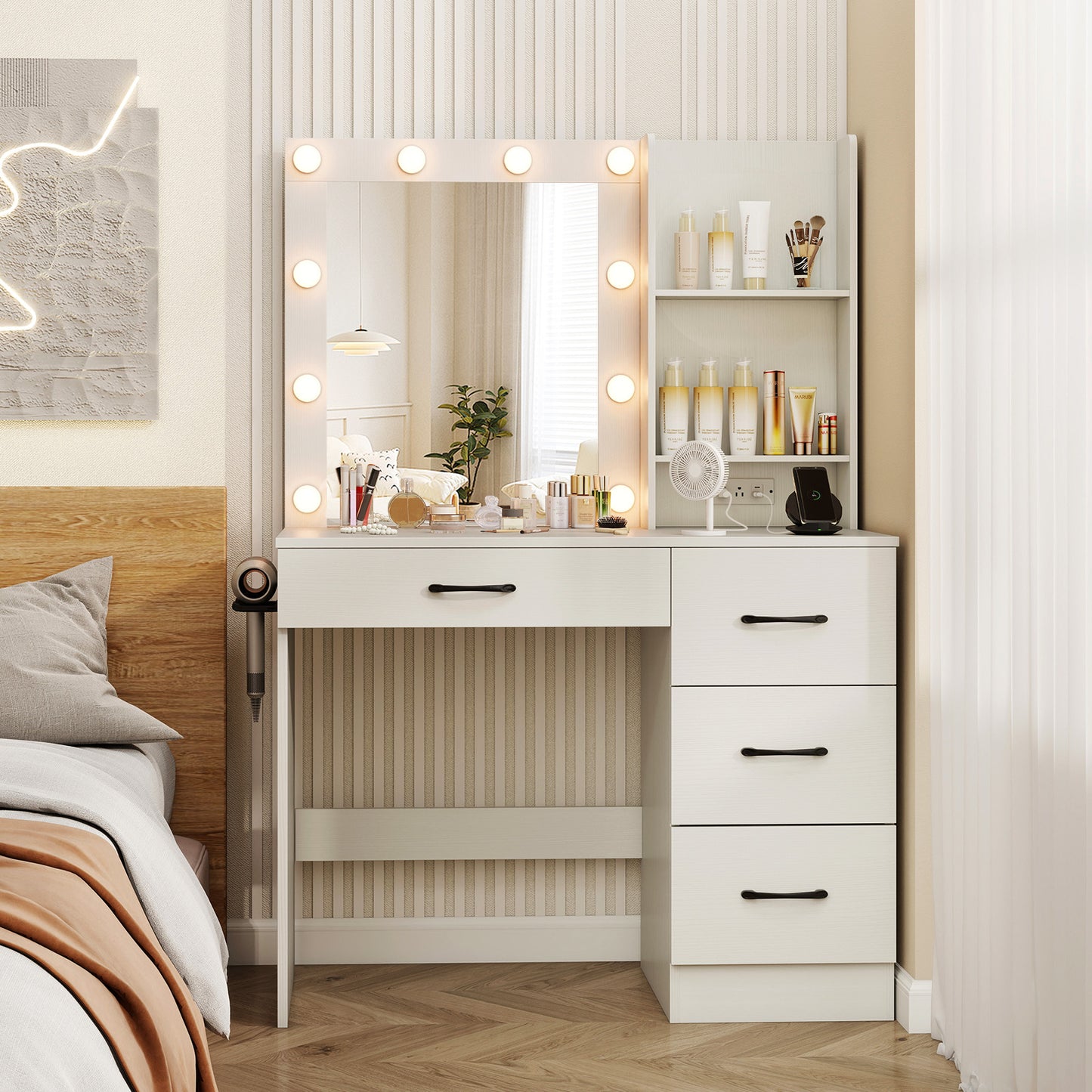 Vanity Desk with Lighted Mirror and Power Outlets