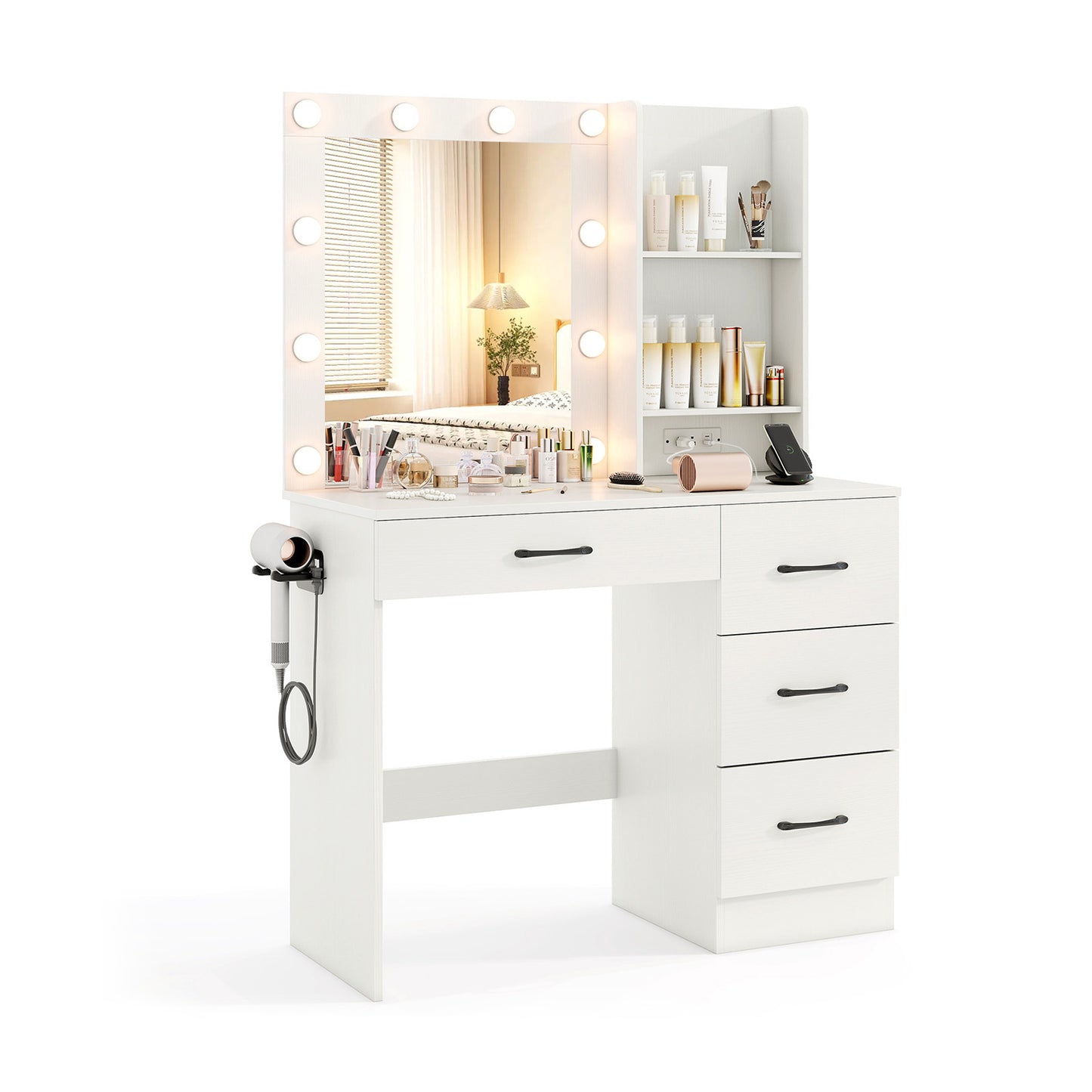 Vanity Desk with Lighted Mirror and Power Outlets