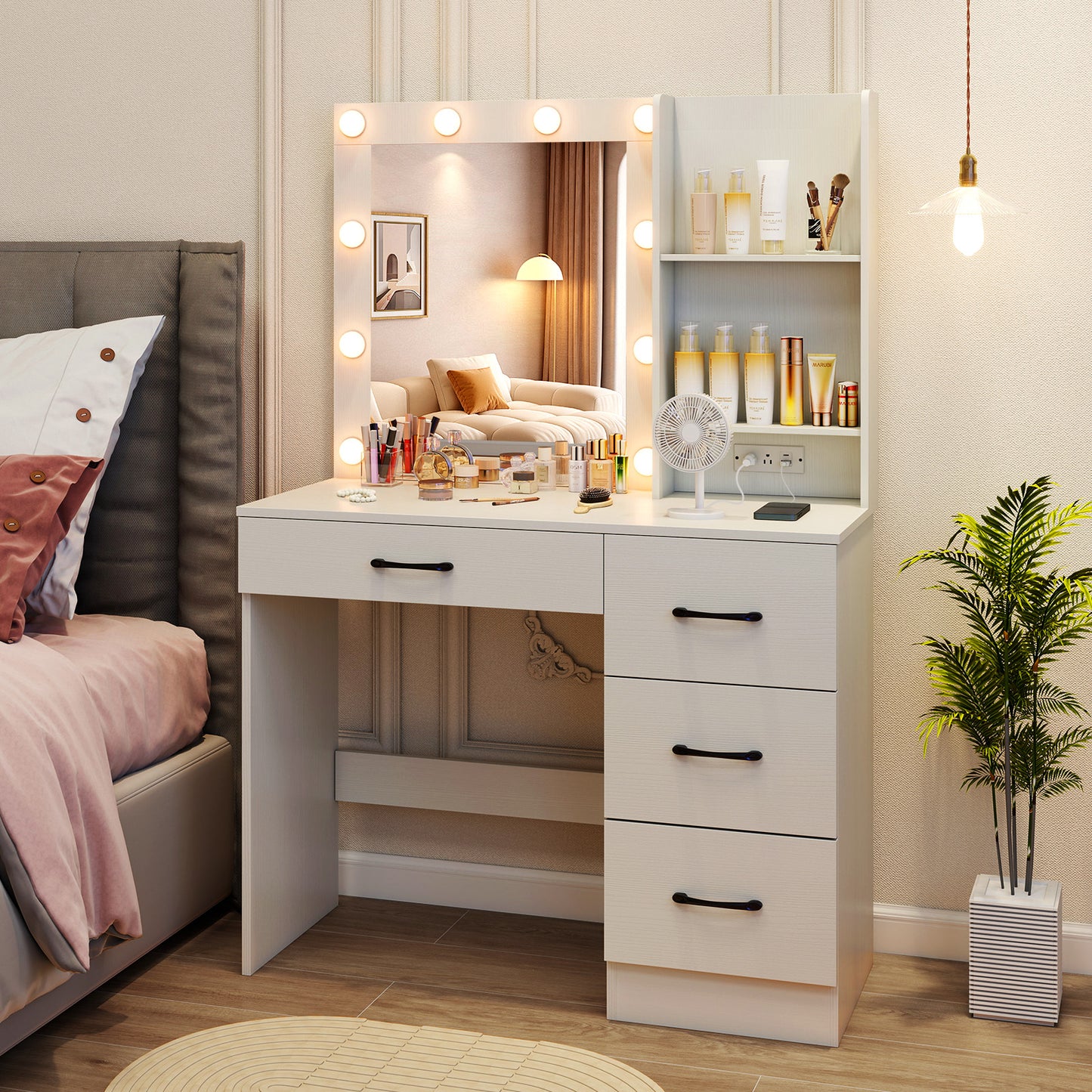 Vanity Desk with Lighted Mirror and Power Outlets