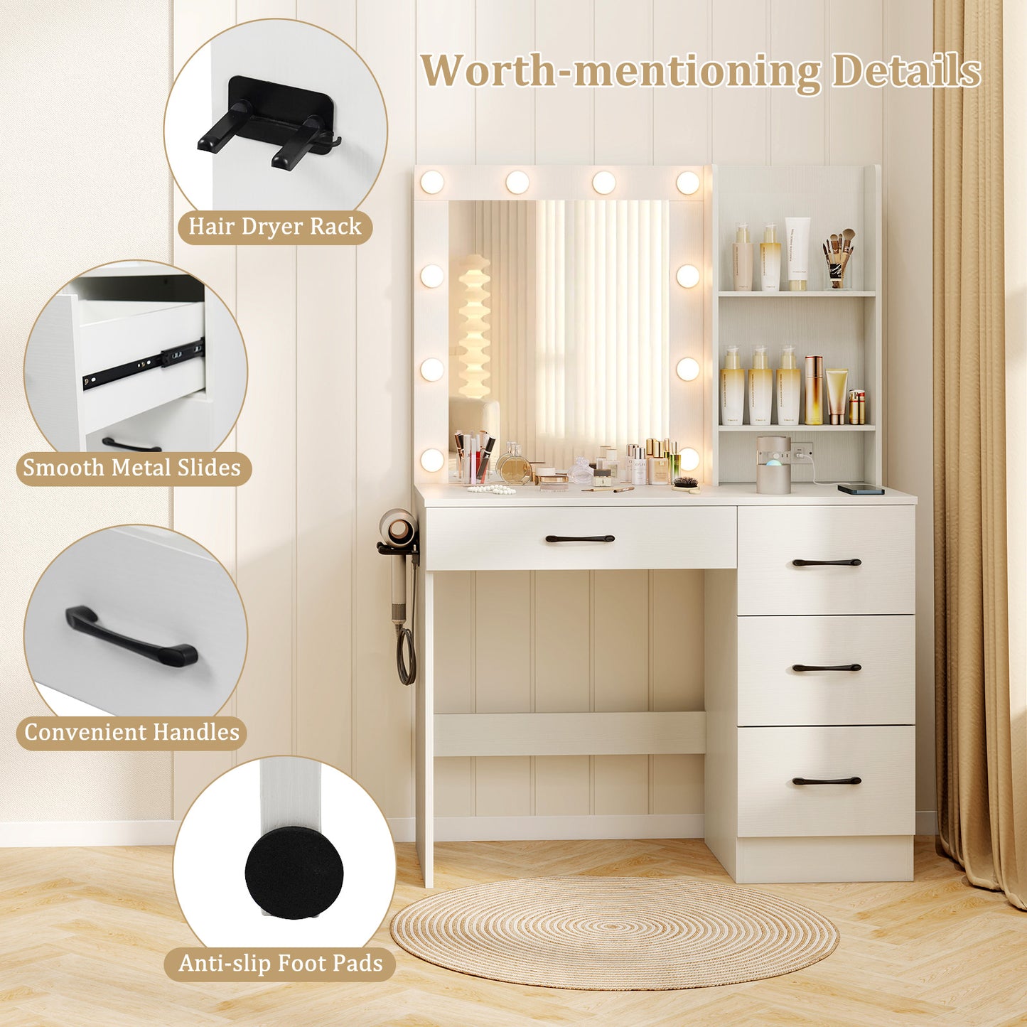 Vanity Desk with Lighted Mirror and Power Outlets