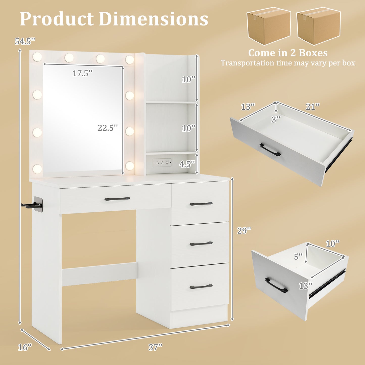 Vanity Desk with Lighted Mirror and Power Outlets