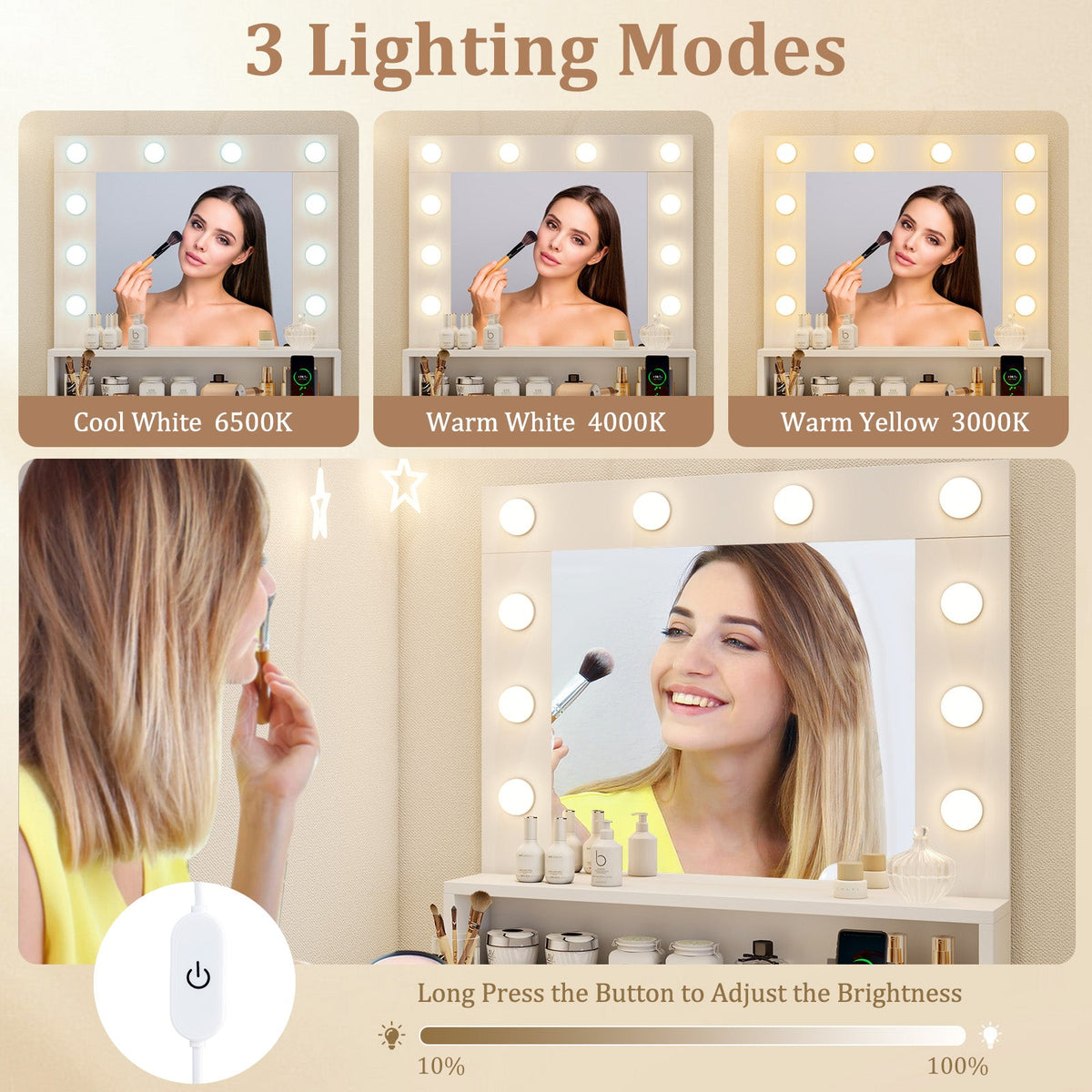 Vanity Desk with Adjustable Brightness and 3 Light Modes for Bedroom-White