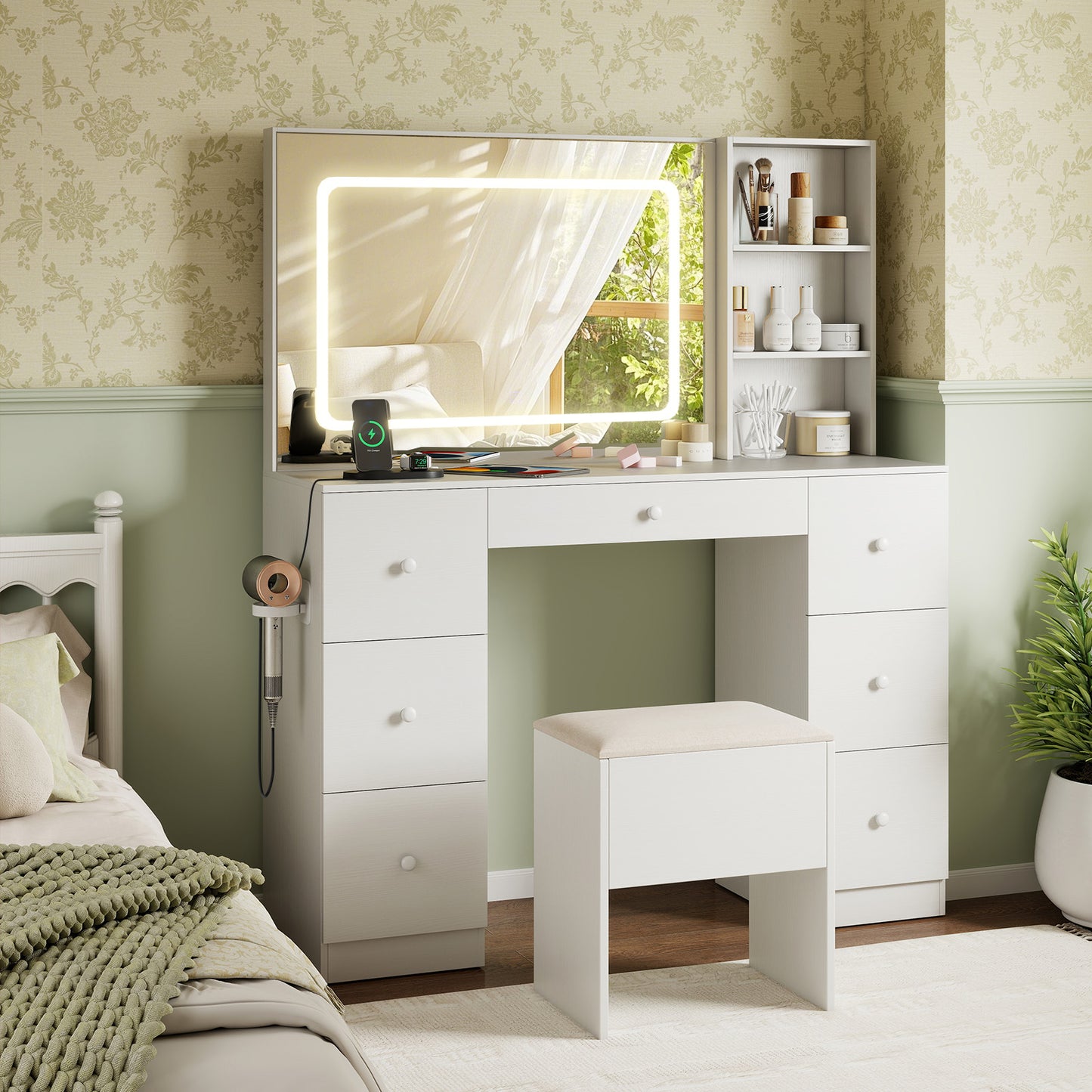 Makeup Vanity Desk with Lighted Mirror and Stool Set