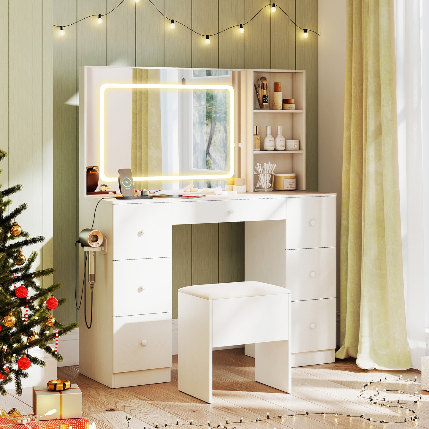 Makeup Vanity Desk with Lighted Mirror and Stool Set