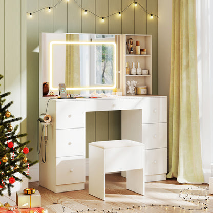 Makeup Vanity Desk with Lighted Mirror and Stool Set