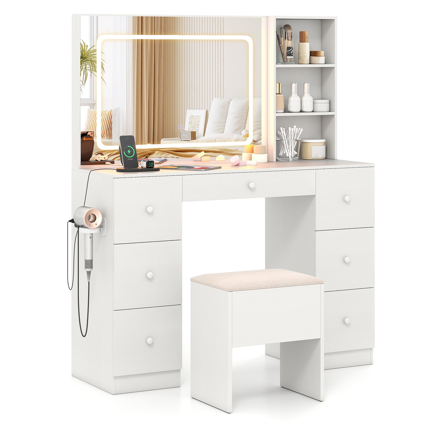 Makeup Vanity Desk with Lighted Mirror and Stool Set