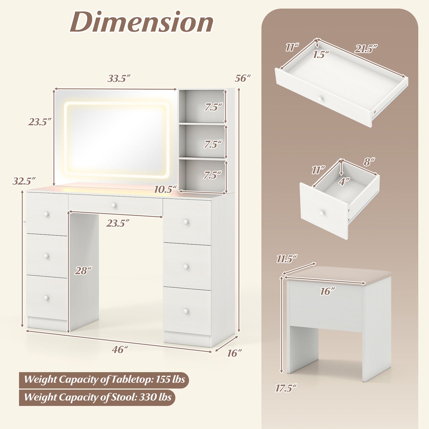 Makeup Vanity Desk with Lighted Mirror and Stool Set