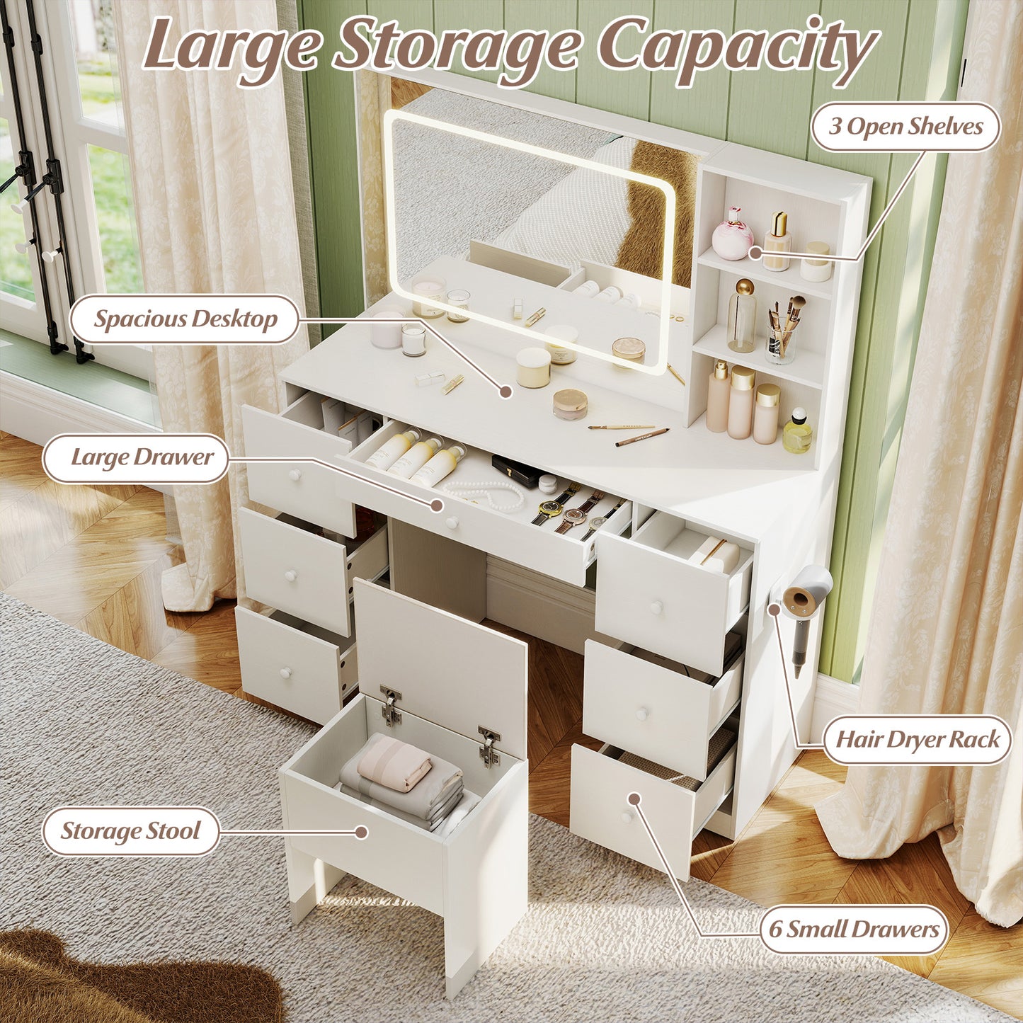 Makeup Vanity Desk with Lighted Mirror and Stool Set