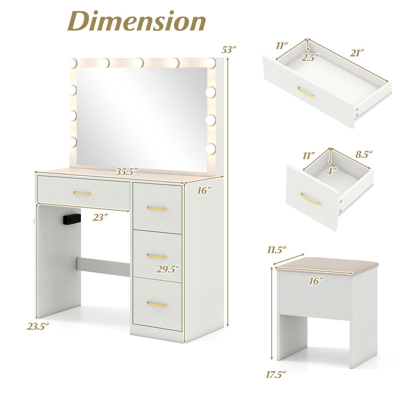 Makeup Vanity Desk with Lighted Mirror and Power Outlets