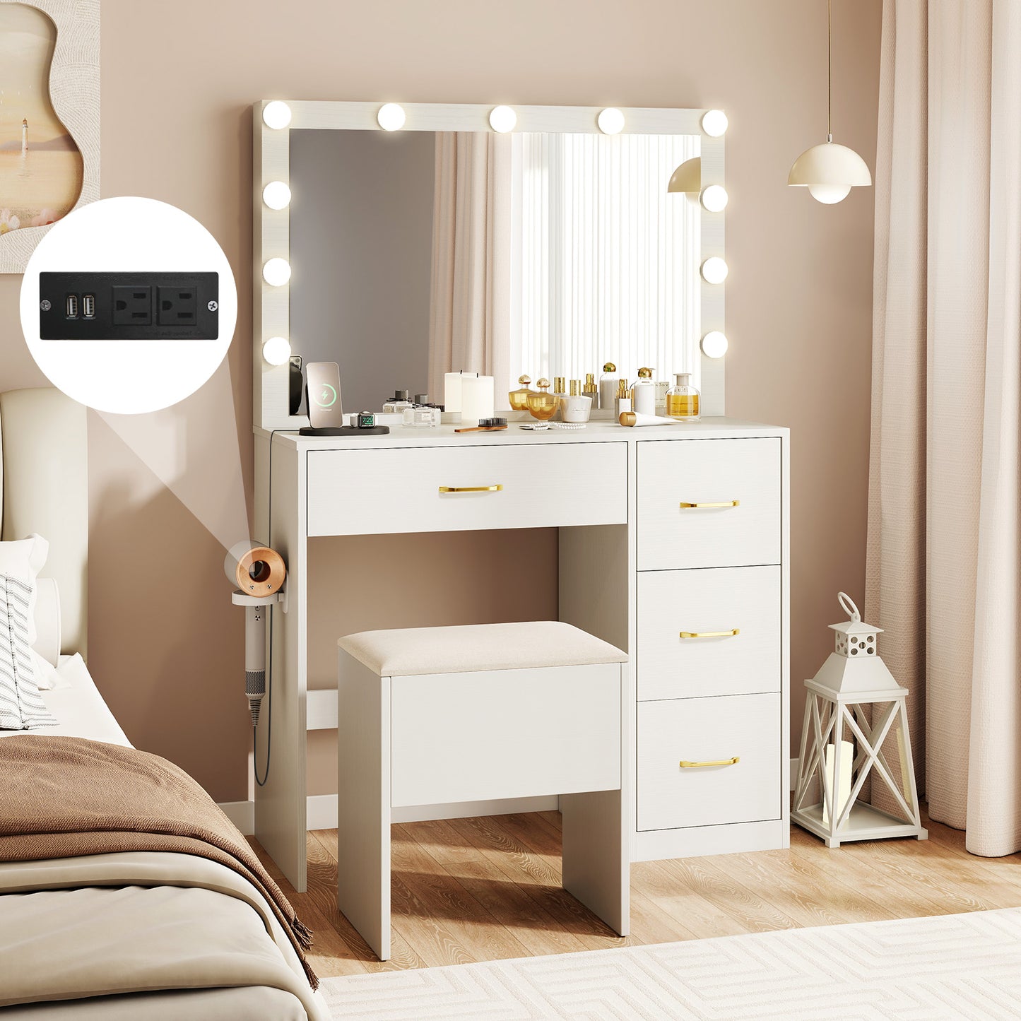 Makeup Vanity Desk with Lighted Mirror and Power Outlets