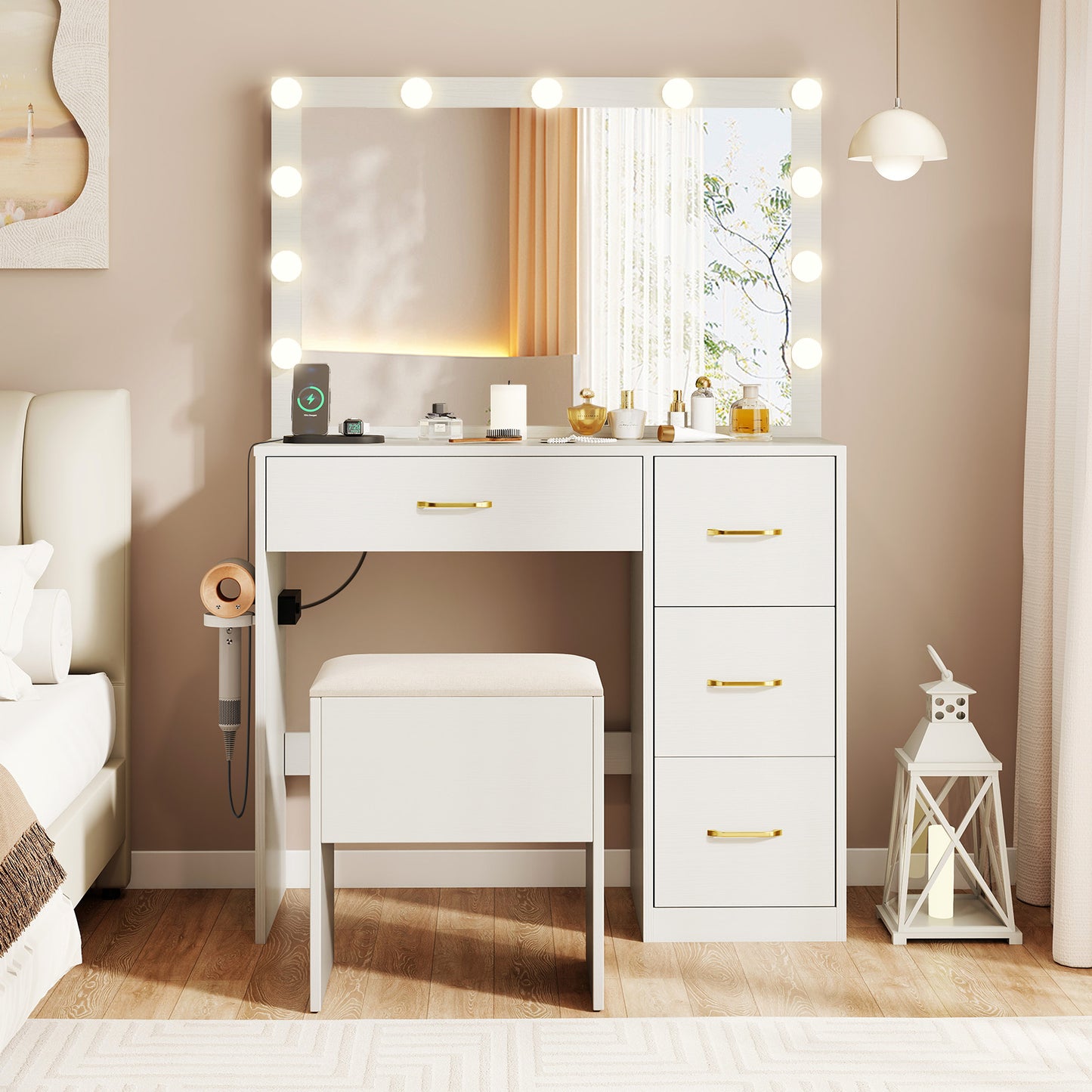 Makeup Vanity Desk with Lighted Mirror and Power Outlets