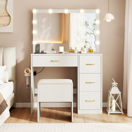 Makeup Vanity Desk with Lighted Mirror and Power Outlets