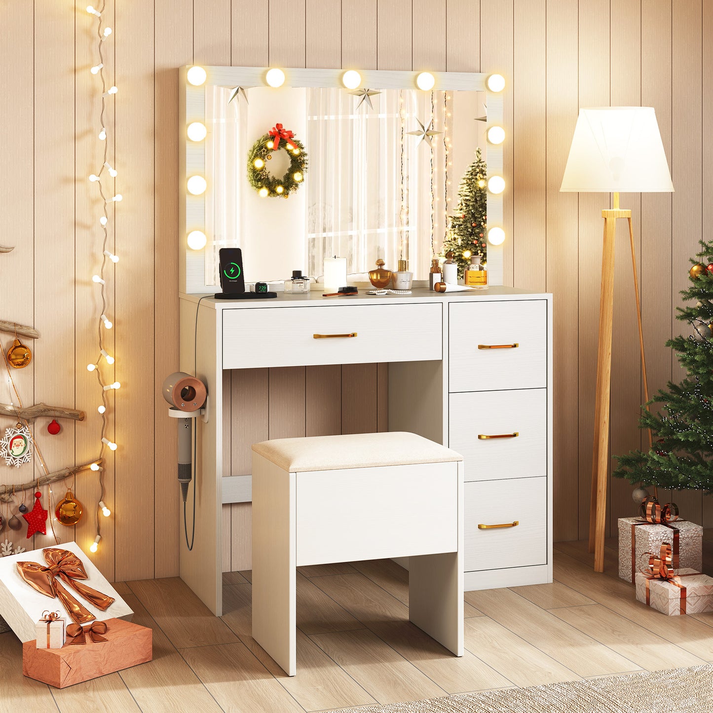 Makeup Vanity Desk with Lighted Mirror and Power Outlets