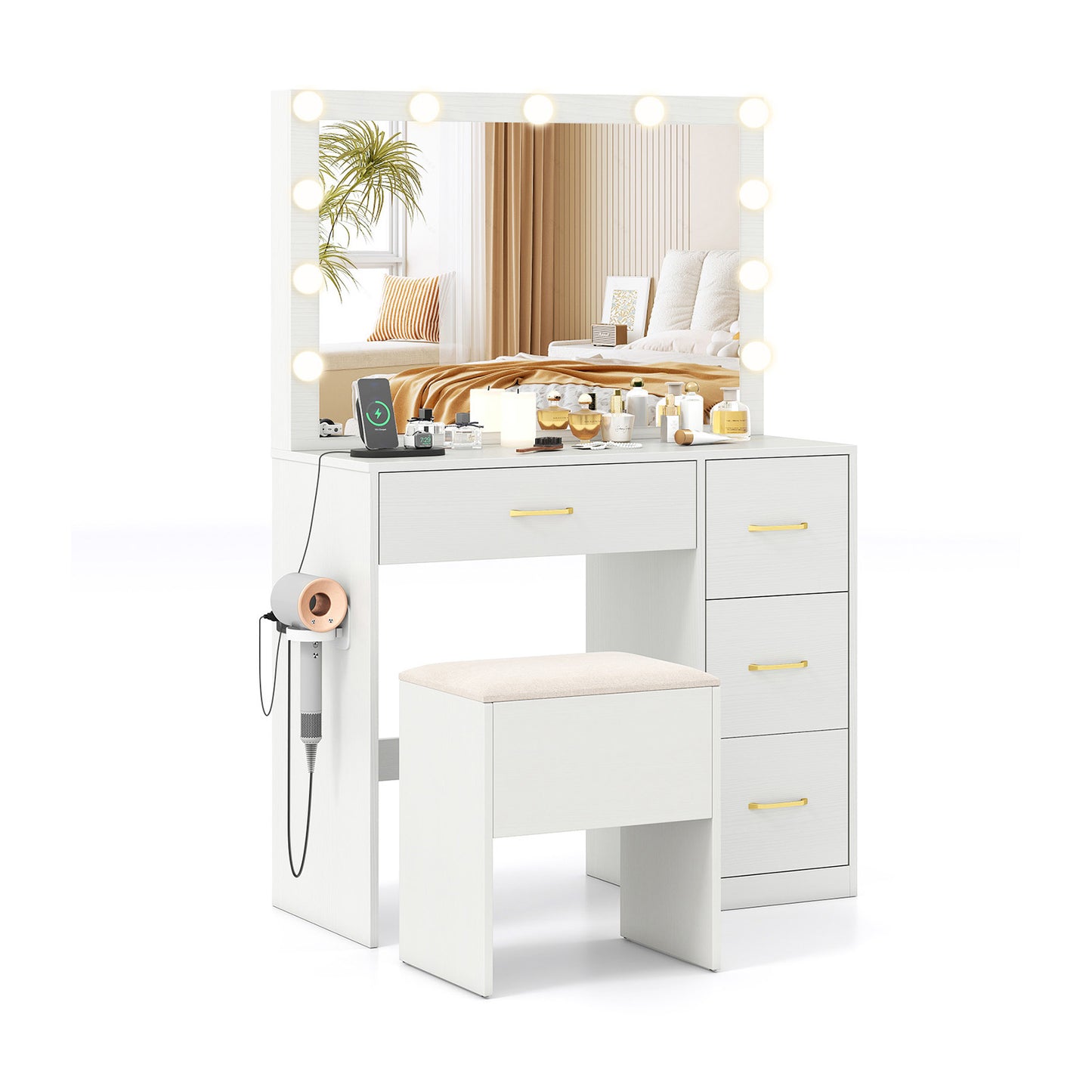 Makeup Vanity Desk with Lighted Mirror and Power Outlets