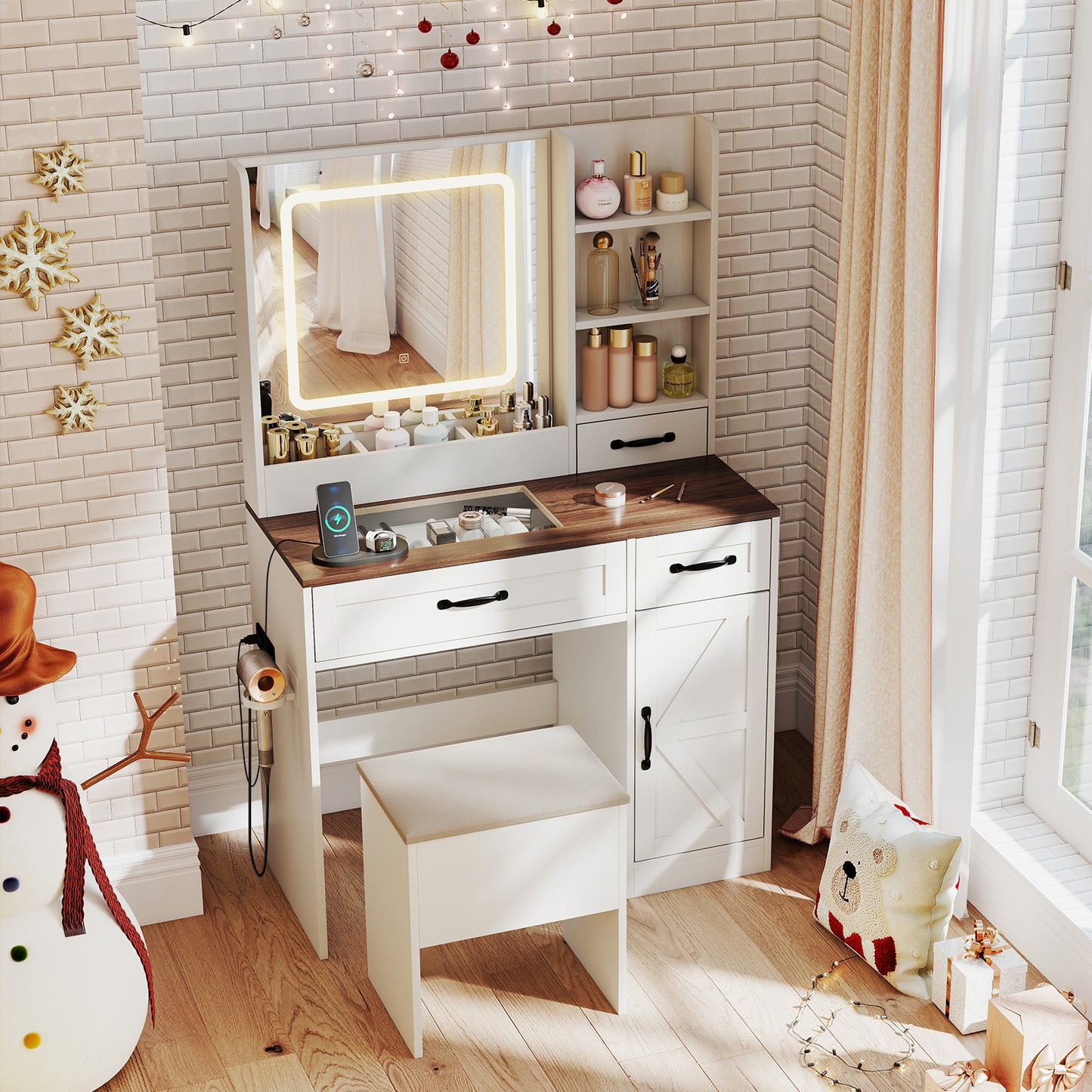 Makeup Vanity Desk with Lighted Mirror and Charging Station