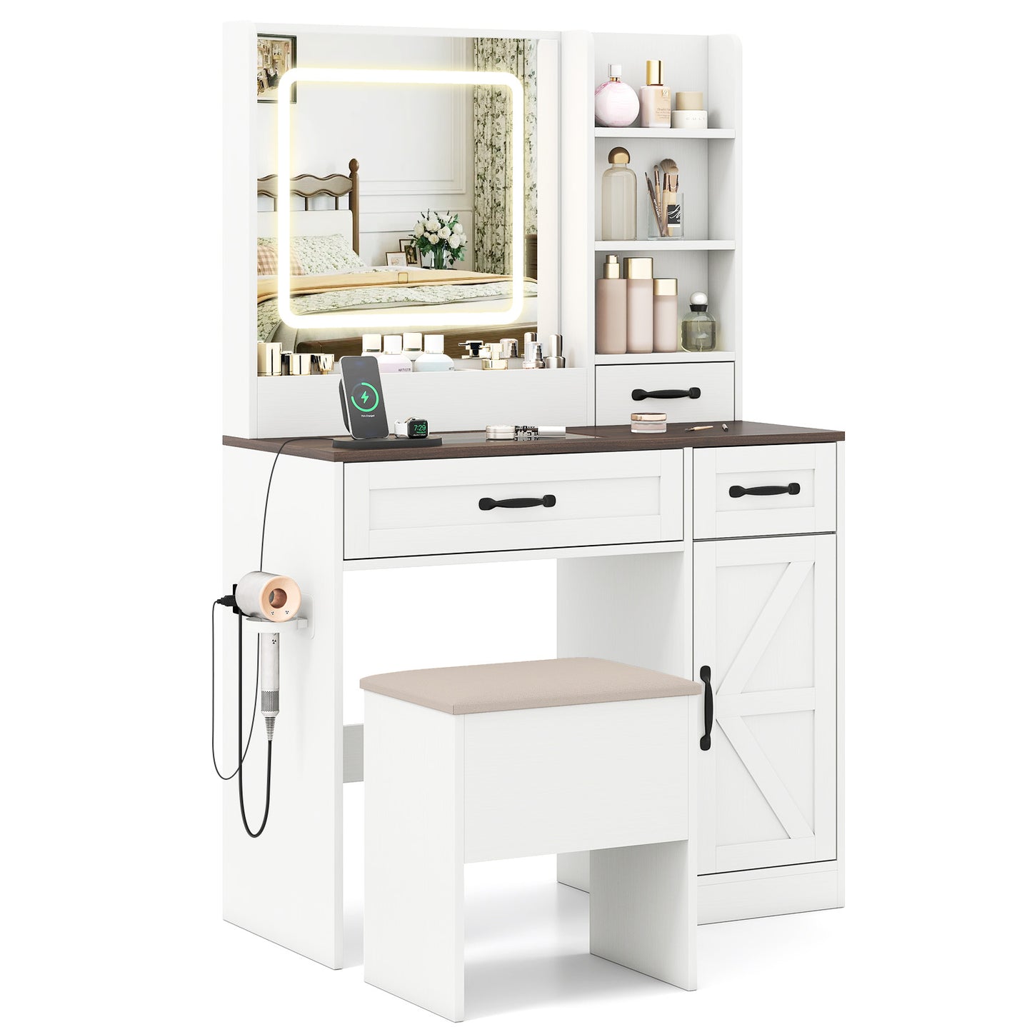 Makeup Vanity Desk with Lighted Mirror and Charging Station