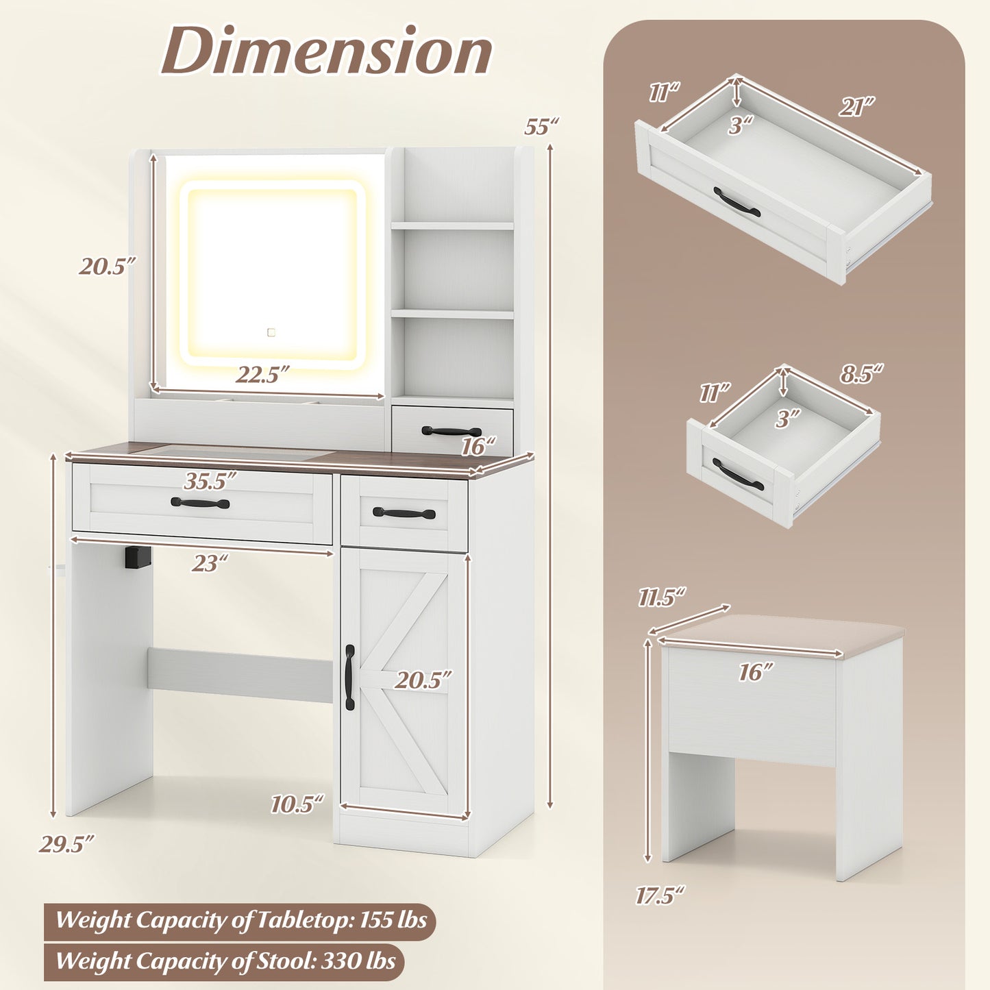 Makeup Vanity Desk with Lighted Mirror and Charging Station