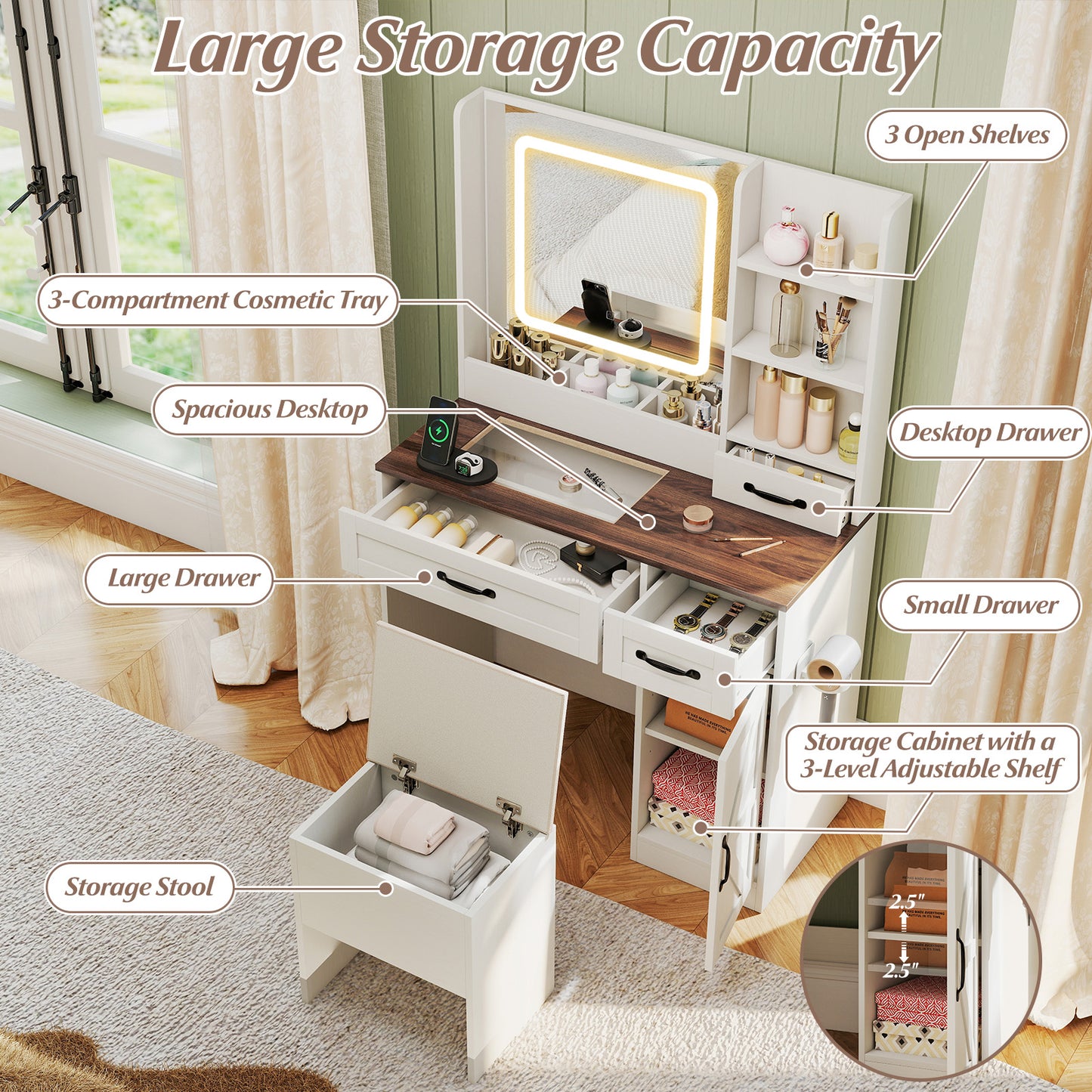 Makeup Vanity Desk with Lighted Mirror and Charging Station
