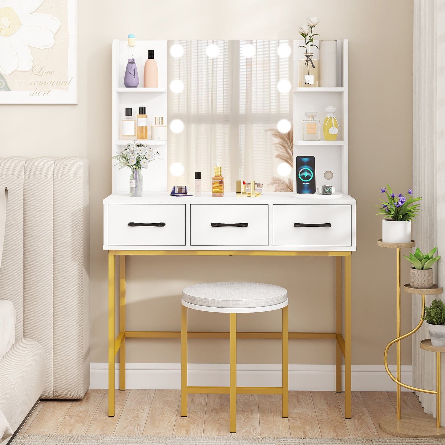 Vanity Desk with Lighted Mirror and Cushioned Stool Set