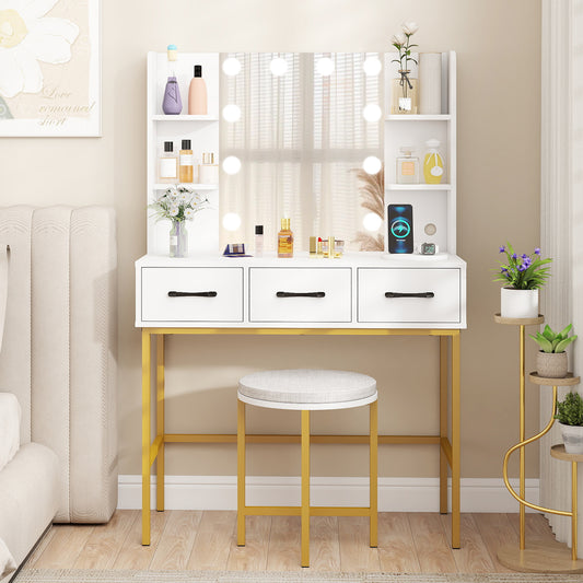 Vanity Desk with Lighted Mirror and Cushioned Stool Set