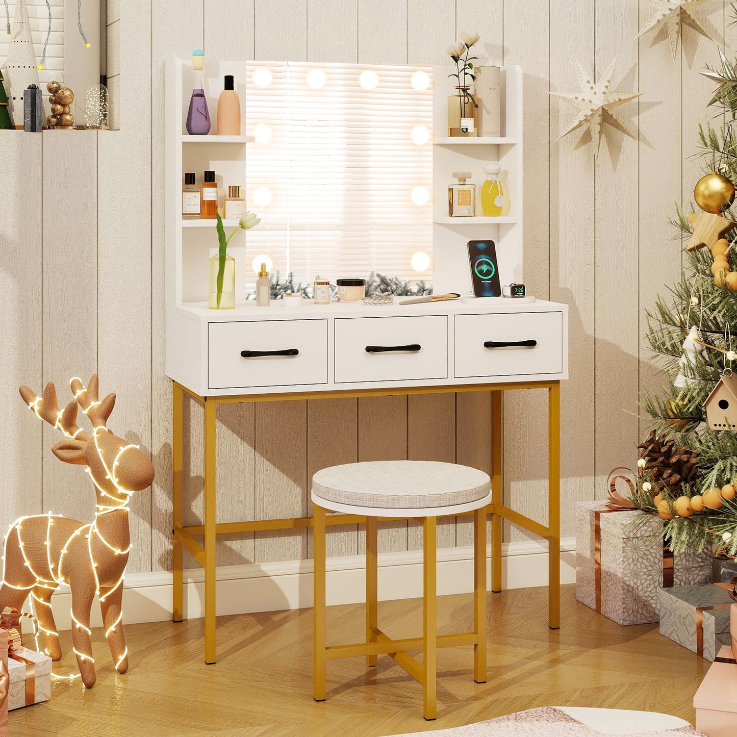 Vanity Desk with Lighted Mirror and Cushioned Stool Set