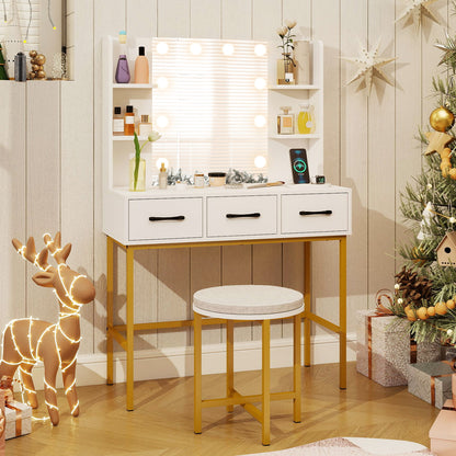 Vanity Desk with Lighted Mirror and Cushioned Stool Set